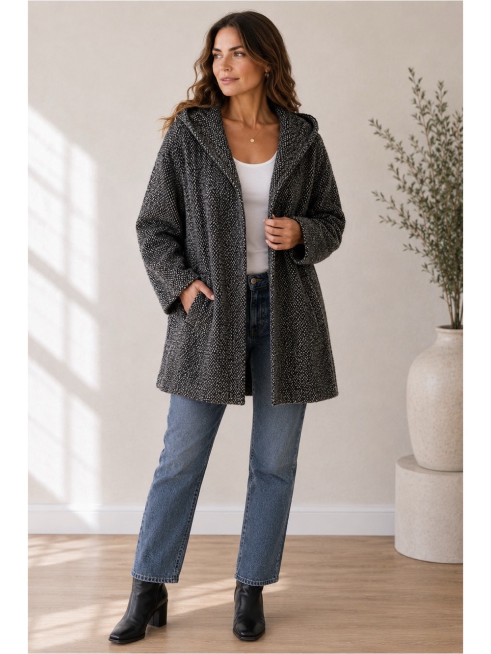 Eileen Fisher Grey Multicolor Italian Wool Tweed Bouclé Button Up Casual Jacket